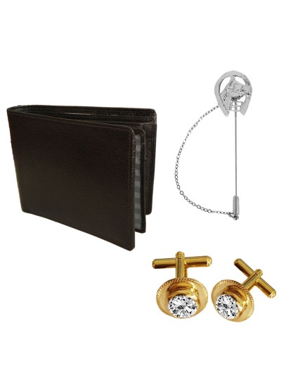 Menjewell Special Gift Multicolor Lucky Horse head lapel Pin & Round Design Stone Cufflink With Wallet Combo For Men